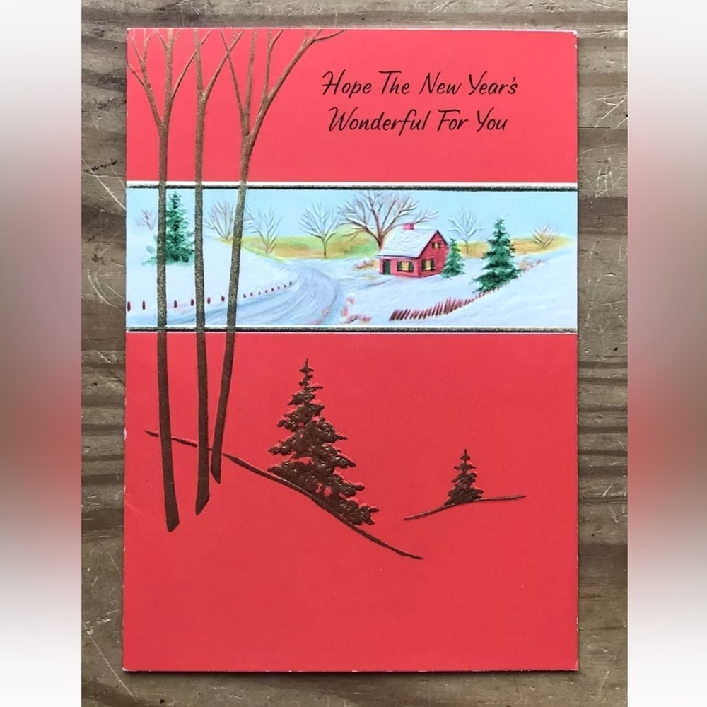Vintage Gibson Winter Cabin In Snow Pine Trees New Year’s Card Junk Journaling